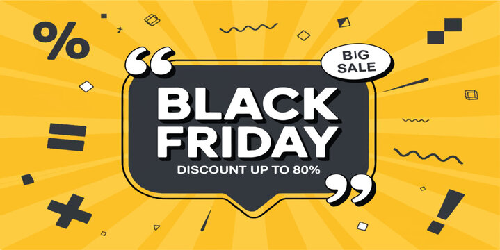 Black Friday, Black Friday Sale, discount, big sale, up to 80% off, promotion, special offer, shopping, retail, e-commerce, advertising, marketing, banner design, vector, illustration, yellow backgrou