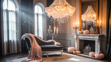  Gothic-inspired pastel interior decorated with cobweb chandelier, velvet chairs, and pink pumpkins
