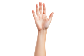 A raised hand in a palm up position against a white background, symbolizing asking for attention or help.