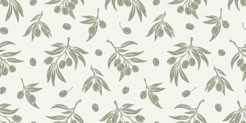 Monochrome Olive Seamless Pattern with Leaves and Berries, Branches with Olives, Botanical Floral Vector Background