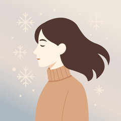 Flat vector portrait of a young woman with flowing hair wearing a warm sweater. Minimal winter background with snowflakes. Perfect for seasonal design, fashion, or lifestyle concepts.