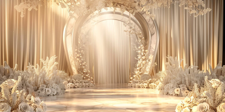 Elegant golden wedding altar adorned with lush white flowers and soft drapes, bathed in divine light