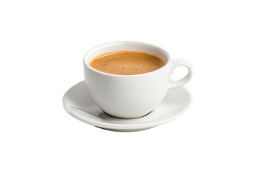 Fototapeta premium A steaming cup of coffee served in a white porcelain cup on a saucer, isolated on a white background.