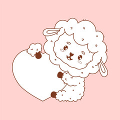 Naklejka premium Outline Cute Sheep with big heart. Happy Holiday Valentine kawaii character. Line drawing, coloring book. Vector illustration. Kids collection