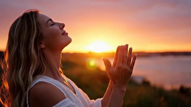Woman praying with hands raised at sunset. Spiritual person meditating outdoors in nature. Gratitude, faith and mindfulness concept