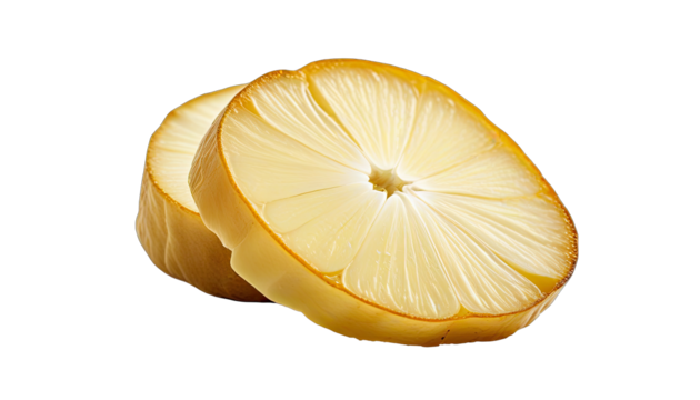 Close-up of two citrus slices, pale yellow, stacked