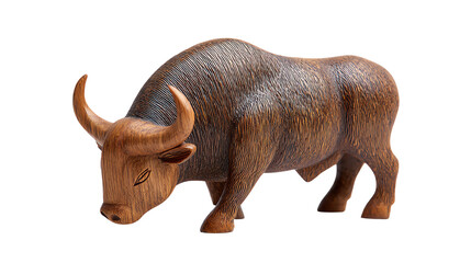 Fototapeta premium A wooden buffalo figurine with a detailed texture, displayed on a white isolated background.
