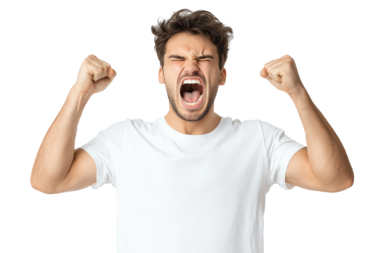 A young man expressing intense frustration and anger with clenched fists and a loud scream.