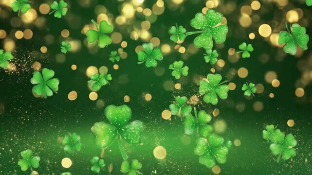Animated green shamrocks falling with golden glitter. St. Patrick's Day festive background with lucky clovers. Irish holiday celebration with copy space