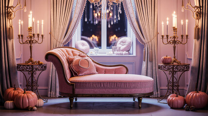  Gothic-inspired pastel interior decorated with cobweb chandelier, velvet chairs, and pink pumpkins
