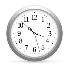 Realistic Silver Wall Clock With Black Hands And Numbers On White Background With Subtle Shadow Realistic 3D Render