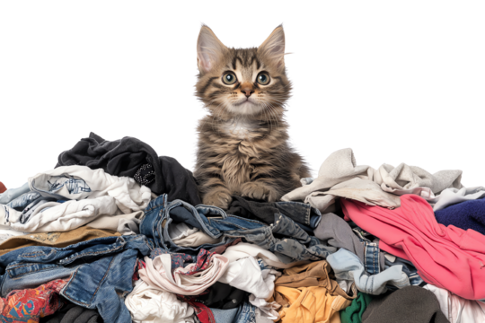 Adorable cat sitting on a pile of clothes, looking curiously at the camera against a white isolated background.