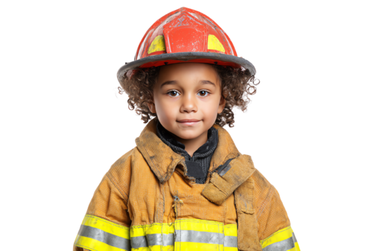 Child in firefighter uniform, smiling with determination, wearing a helmet, portrait on a white isolated background.