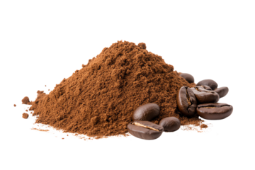Coffee powder and beans arranged on a white isolated background, showcasing rich texture and aroma.