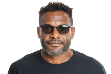Confident man wearing sunglasses with a neutral expression, isolated on a white background.