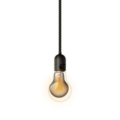 Realistic Incandescent Light Bulb Hanging by a Black Chain Illuminated with a Warm Yellow Glow Against a Transparent Background