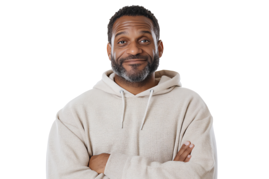 Confident man in casual clothing smiling warmly with arms crossed against a white background.