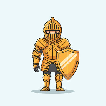 Golden Knight Cartoon Character with Shield Standing Tall.