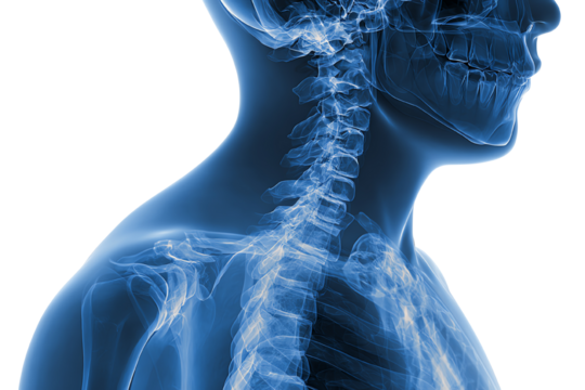 Detailed X-ray image showing human skeleton and spine structure in blue, showcasing anatomical features on a dark background. - Powered by Adobe