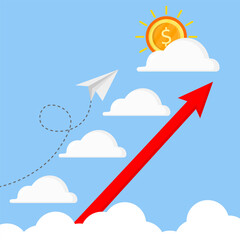 Paper airplane and red arrow rising through clouds toward a coin sun, symbolizing business growth, financial success, creativity, and innovation in upward progress.