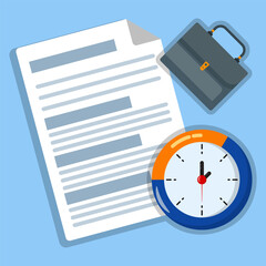 Vector illustration of document management concept showing paper, clock, and briefcase symbolizing business deadline, time management, office work, and productivity organization.