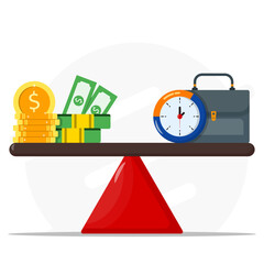 Economic balance in investment concept. Showing clock, briefcase and stacks coin dollar balanced on a swing. Time value of money and exchange rates.