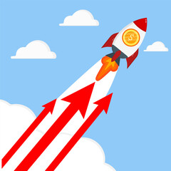 Business growth rocket launching upward with red arrows, symbolizing financial success, startup progress, and rapid market expansion against blue sky and clouds.