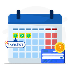Payment date in calendar concept. Time to pay. Successfully online payment on credit card. Work accountant, check calculating payment.