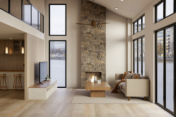 Sofa couch and table across TV aside bricks fireplace on wooden parquet floor in modern living room.