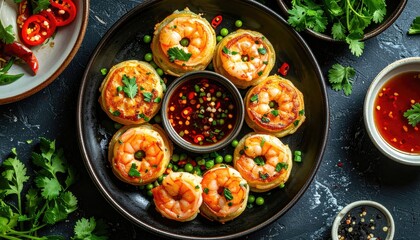 Delicious Golden Fried Shrimp Appetizers Arranged Artfully Around a Savory Dipping Sauce in a Dark Bowl with Garnish