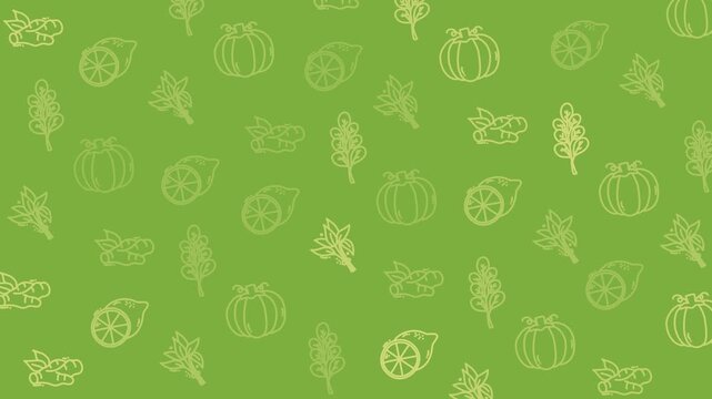 A seamless pattern video featuring hand-drawn citrus fruits, pumpkins, ginger, and leafy herbs on a fresh green background.