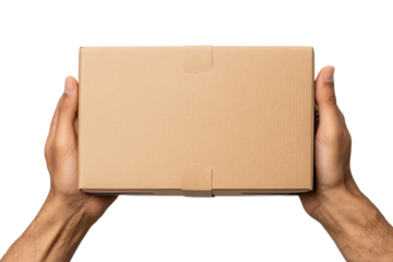 Hands holding a closed cardboard box against a white background, ideal for delivery or shipping concepts.