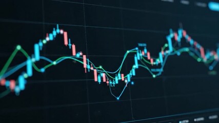 Close-up of financial data displaying candlestick charts and lines with fluctuations over a dark background - Powered by Adobe