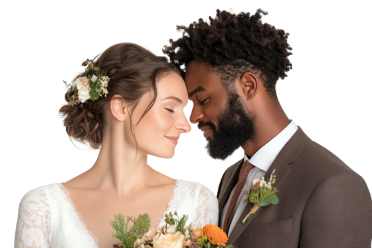 Happy couple sharing an intimate moment, surrounded by flowers, showcasing love and romance.