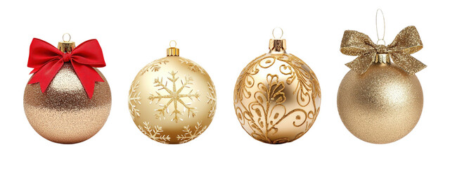 Collection of golden Christmas ornaments isolated on transparent background