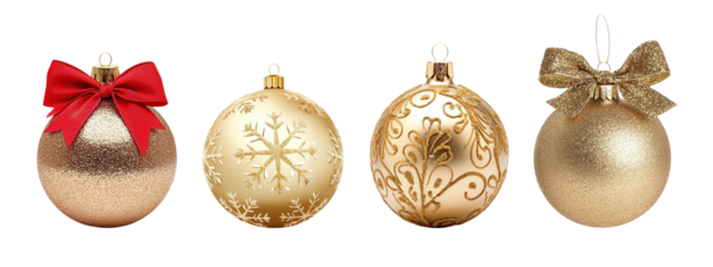 Collection of golden Christmas ornaments isolated on transparent background