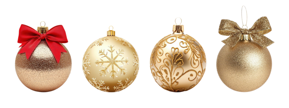 Collection of golden Christmas ornaments isolated on transparent background