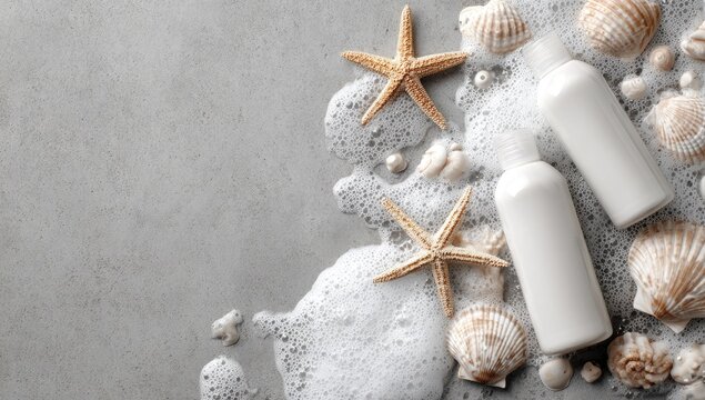Cream bottles with sea foam, shells and starfish on textured surface