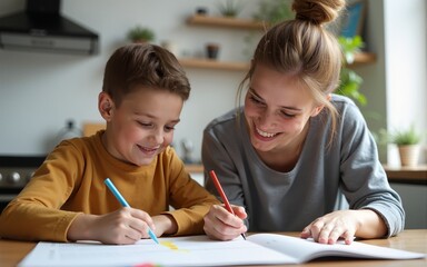 Cheerful mother doing homework with son at home. High quality
