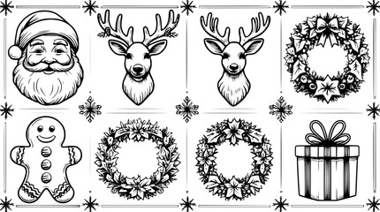 Obraz premium Minimalist Christmas Elements bundles in black and white outline style. Includes classic festive elements such as Christmas trees, Santa Claus, reindeer, gift boxes, bells, and others