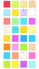 Collection of colorful, square, blank adhesive notes with push pins