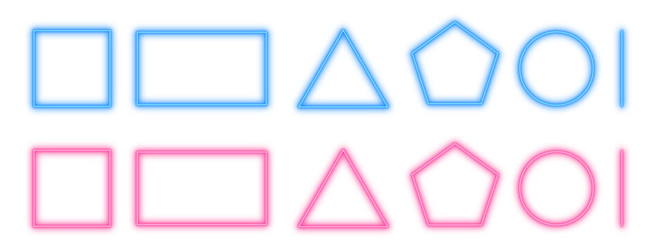 Neon geometric shapes vector icons, Glowing abstract forms, Bright design elements and Luminous basic figures