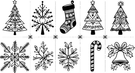 Minimalist Christmas Elements bundles in black and white outline style. Includes classic festive elements such as Christmas trees, Santa Claus, reindeer, gift boxes, bells, and others