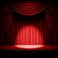 Dramatic setting with red curtains ready for a performance at a theater stage