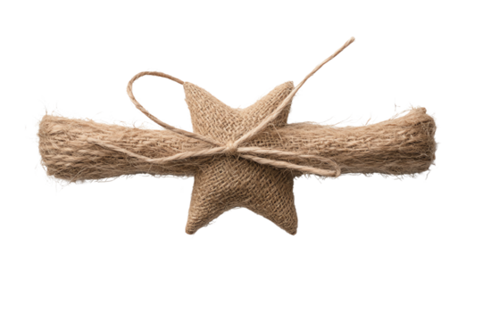 Natural burlap decoration with star shape for rustic themed events, isolated on white background.
