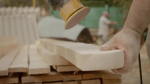 A worker applies a random orbital sander to wooden beams, carefully smoothing the surface for a polished look. The focus is on achieving precision and quality.