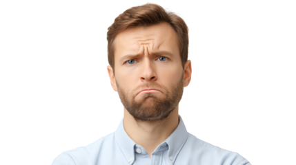 Sad man showing disappointment with a serious expression, on a white isolated background.