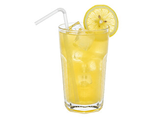 Refreshing lemonade with ice cubes and lemon slice isolated, cold summer drink in glass with straw on transparent background PNG