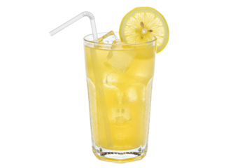 Refreshing lemonade with ice cubes and lemon slice isolated, cold summer drink in glass with straw on transparent background PNG