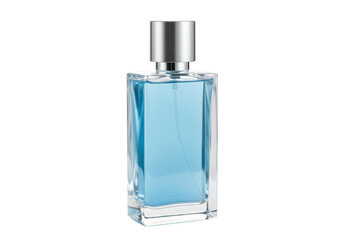 Elegant blue perfume bottle isolated, fragrance container for men and women on transparent background in PNG format